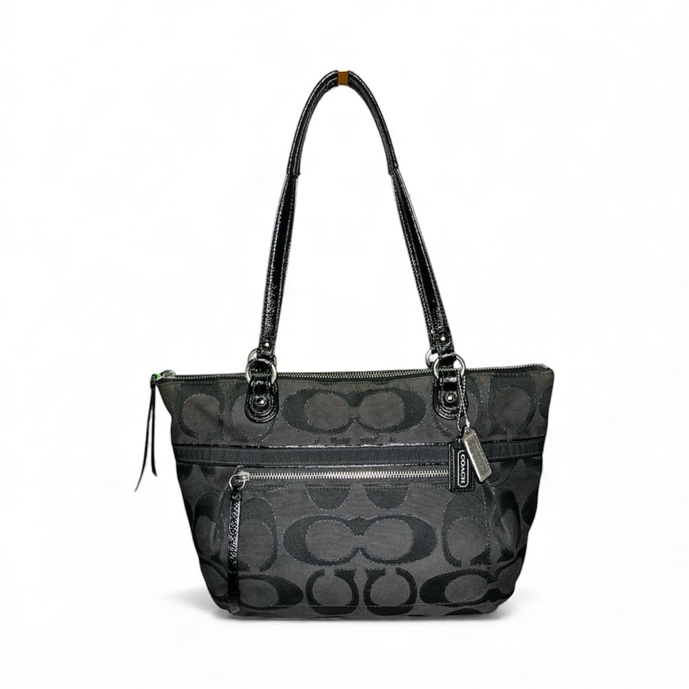 Coach Poppy Daisy black signature fabric tote bag with patent leather trim